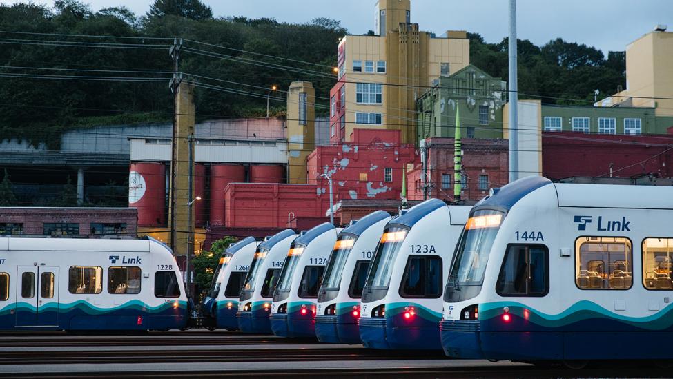 Photo of Link Light Rail cars used for project update, Operations and Maintenance Facility South