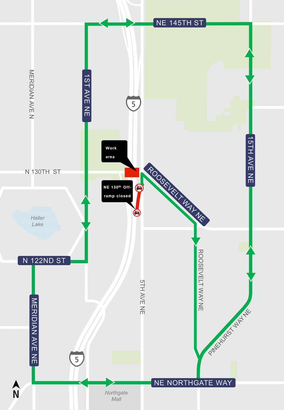 Construction map for Northeast 130th street and 5th Avenue Northeast closure, Lynnwood Link Extension