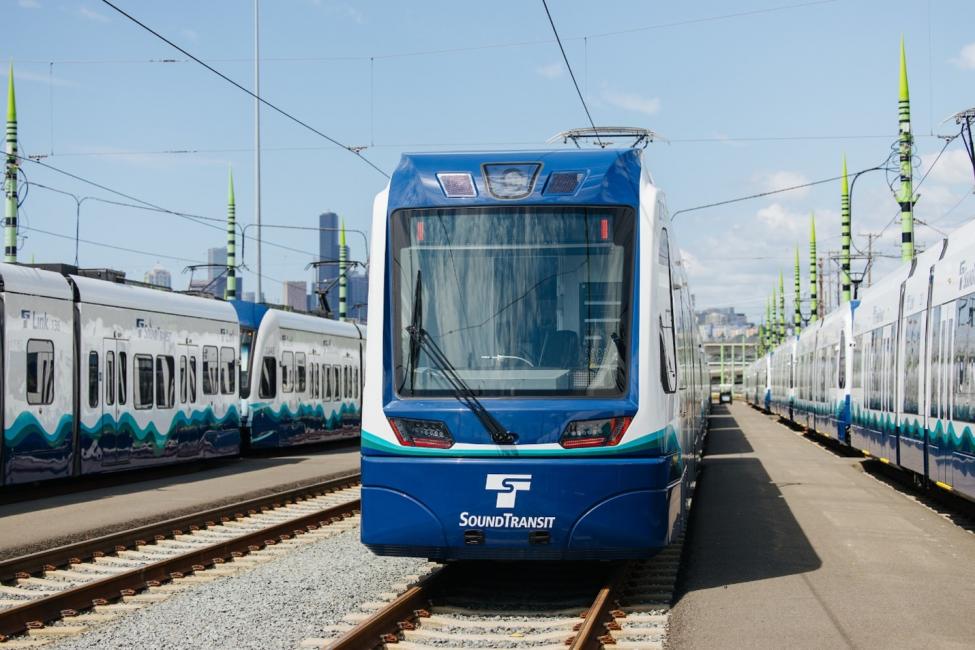 Photo of Link Light Light Rail trains at Maintenance facility, Operations and Maintenance Facility South