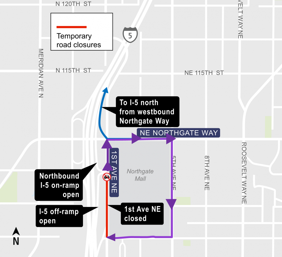 Map of 1st Avenue lane closures between Northgate Way and Northeast 103rd Street.