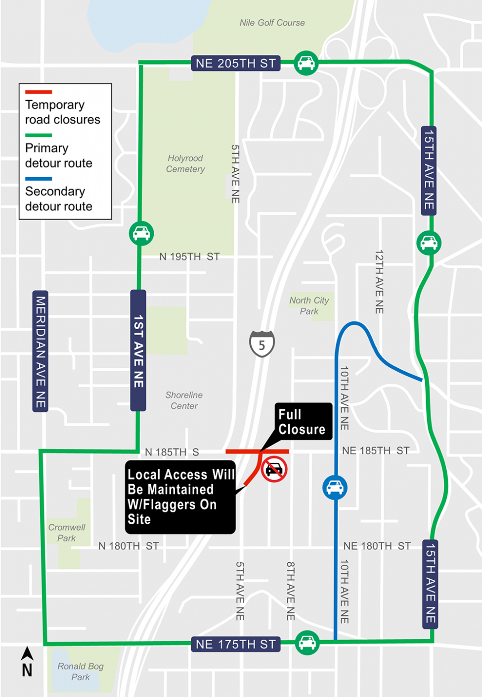 Construction map for Northeast 185th Street closure, Shoreline North/185th Station, Lynnwood Link Extension