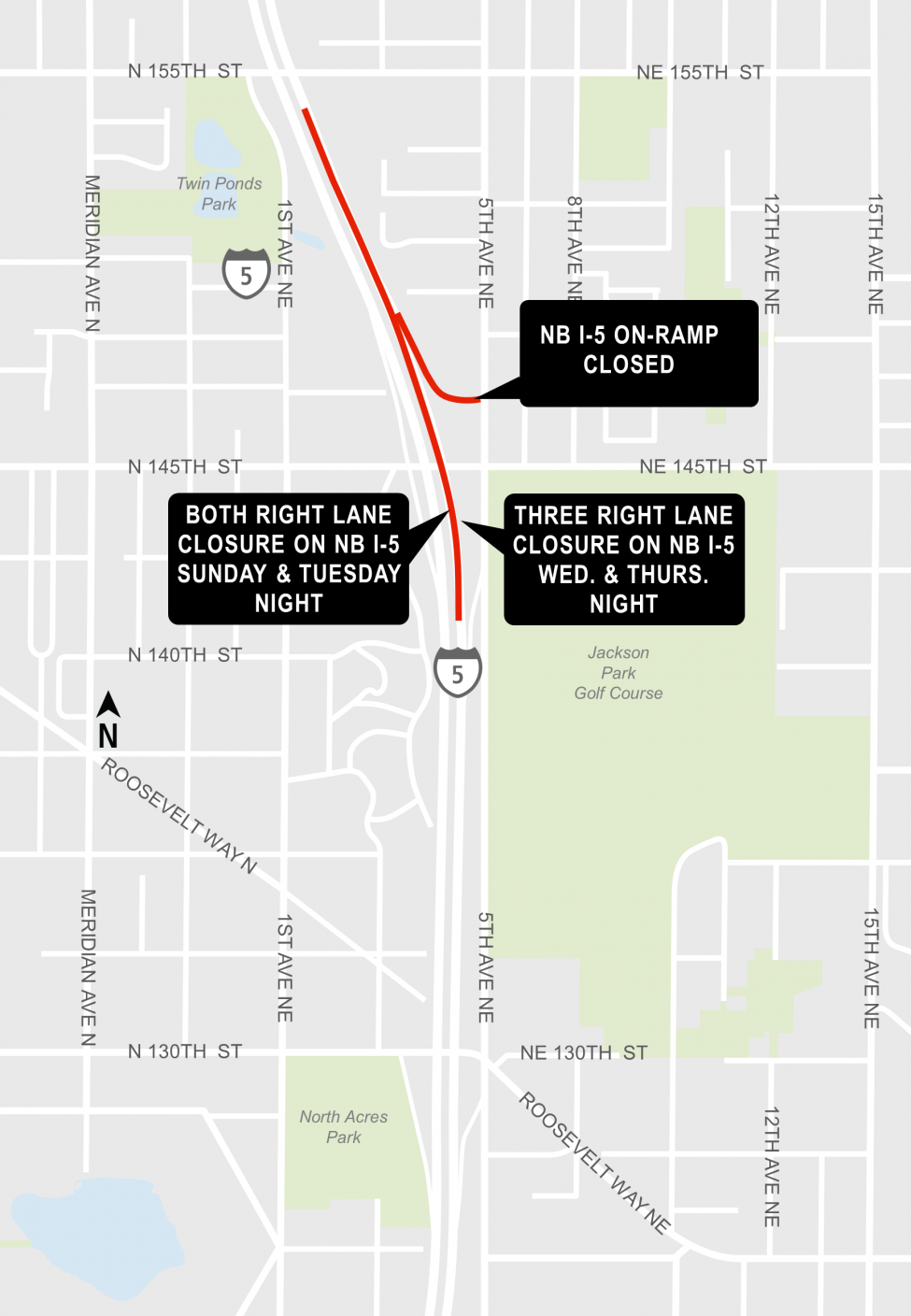 Map of Interstate 5 lane closures from Northeast 143rd Street to Northeast 153rd Street.