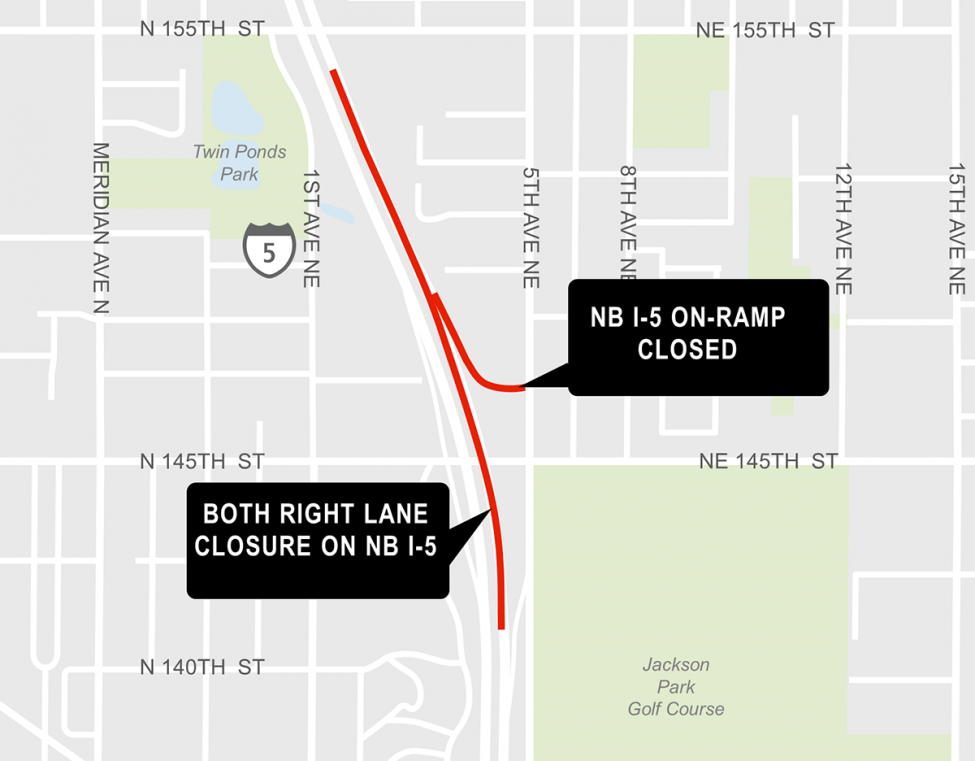 Construction map for Off-ramp night closure at Northbound Interstate-5 to Northeast 145th Street Exit 175, Lynnwood Link Extension