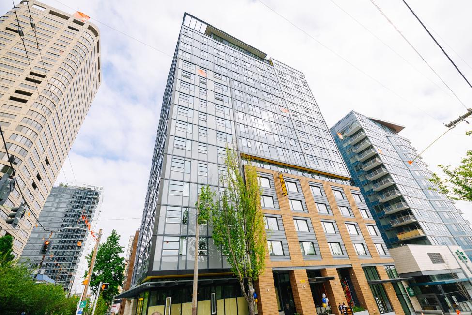 A street-level view of the Blake House / Rise buildings in Seattle.