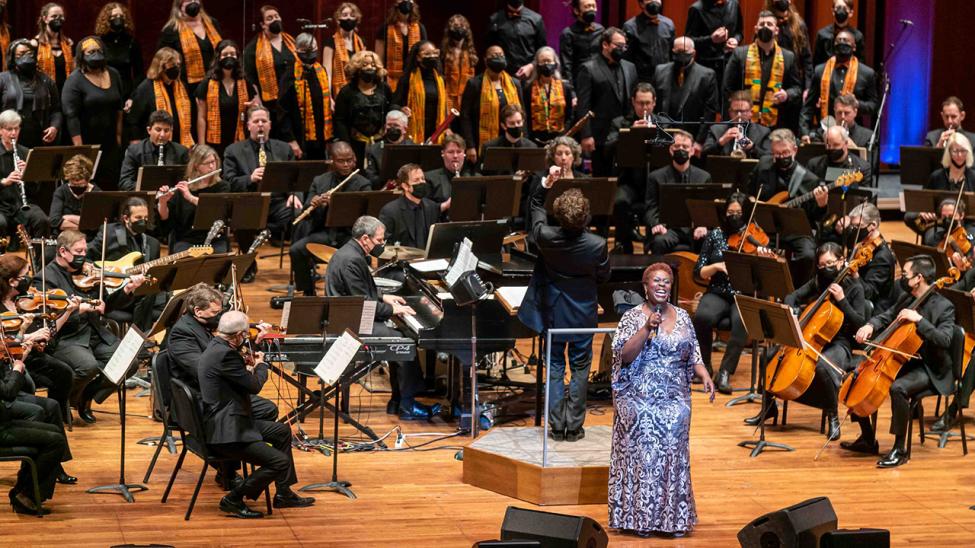 Capathia Jenkins belts out a soulful note while the Symphony plays behind her.