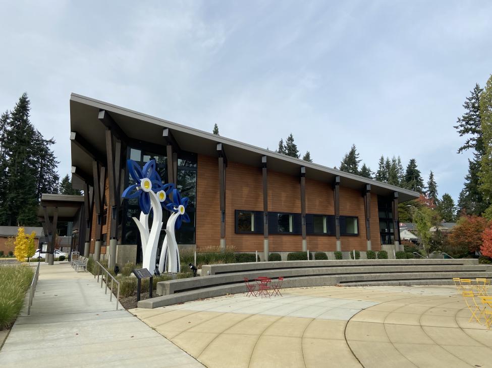 The exterior of Mountlake Terrace City Hall, with a sculpture by the entrance 