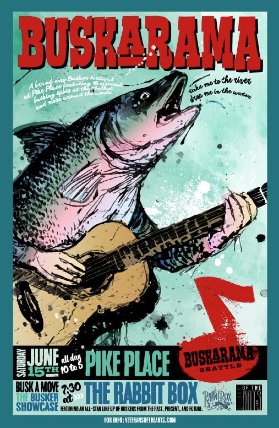 A promotional poster for BUSKARAMA at Pike Place market featuring a fish playing guitar