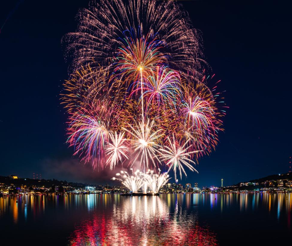 Fireworks go off above a body of water