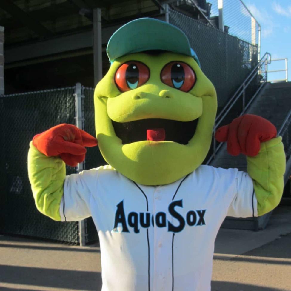 The AquaSox Frog mascot flexes their muscles