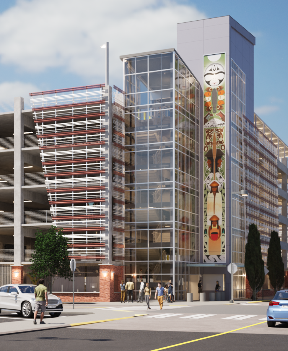 This digital rendering shows the entrance concept for Auburn Station’s new parking garage, which began construction this fall and will open in 2027. Artist Samuel Obrovac, a member of the Muckleshoot Tribe, will be creating an integrated artwork for the new garage. 