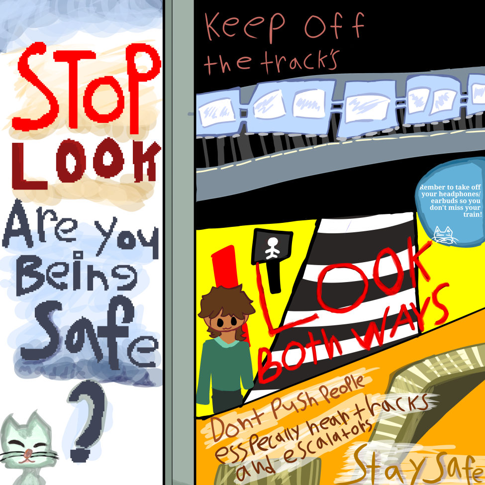 A colorful poster with text that reads "stop, look, are you being safe?"