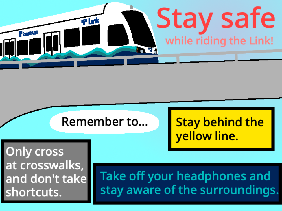 An image of a Link train with text that reads "Stay safe while riding the Link!"