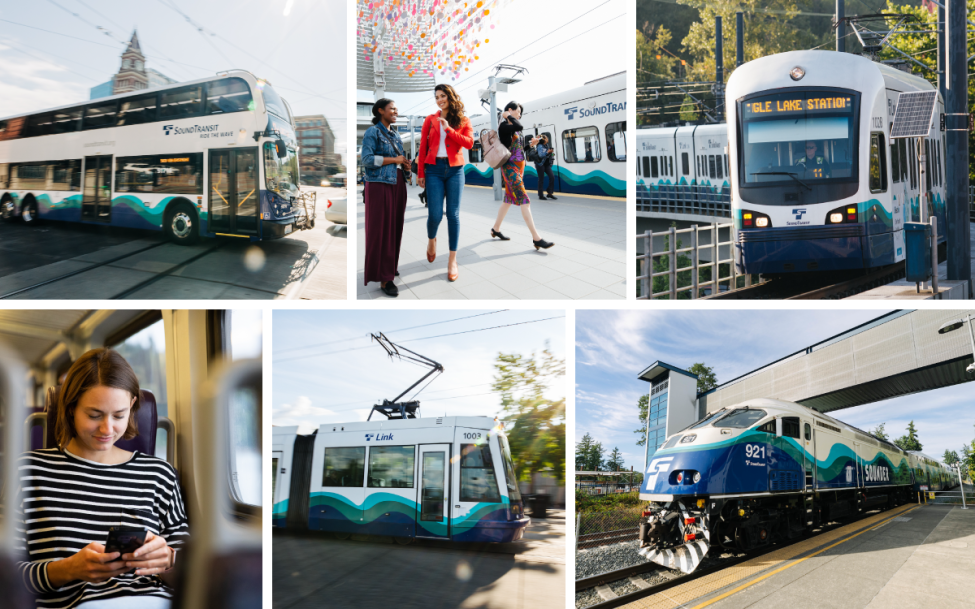 A photo collage featuring different modes of transportation and passengers