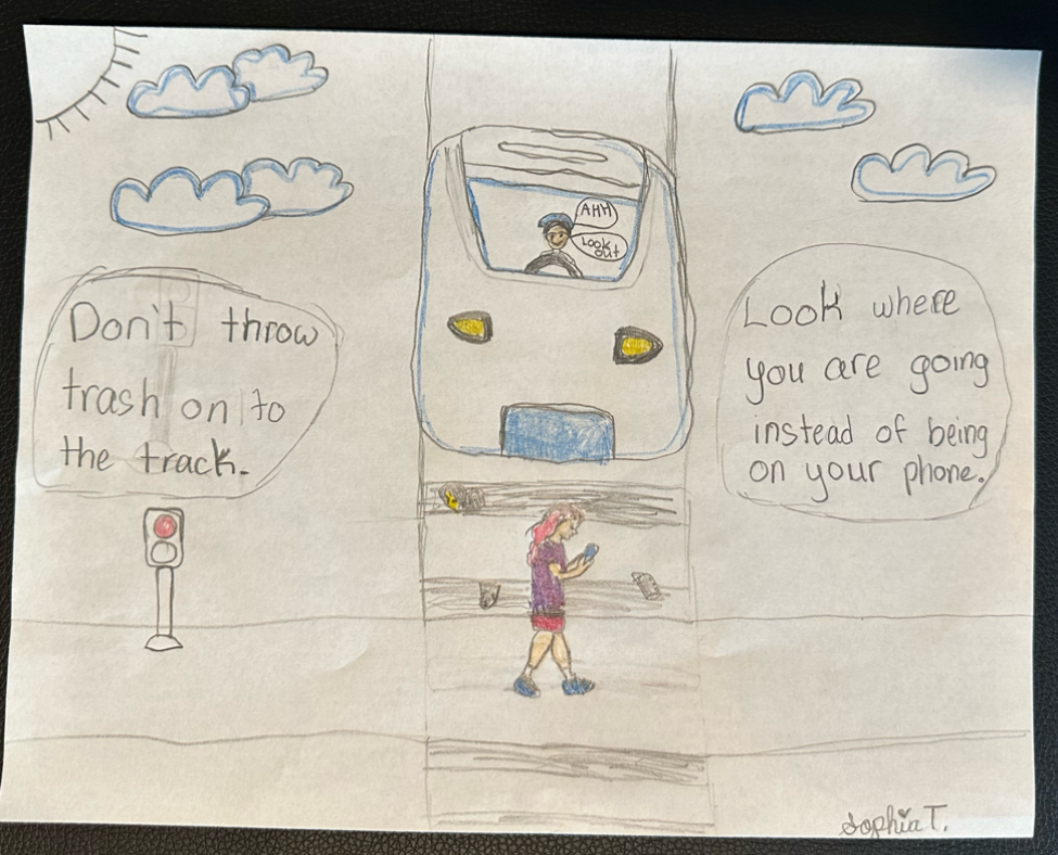 Drawings made by an elementary school student show safe practices, including "look where you're going instead of being on your phone."