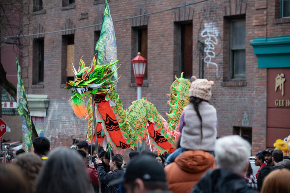 A lion dance performance in Chinatown-International District to celebrate Lunar New Year