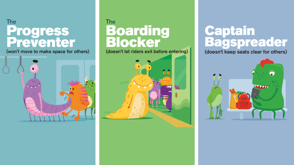 A trio of graphics show monsters named "the progress preventer," "the boarding blocker,"  and "captain bagspreader."