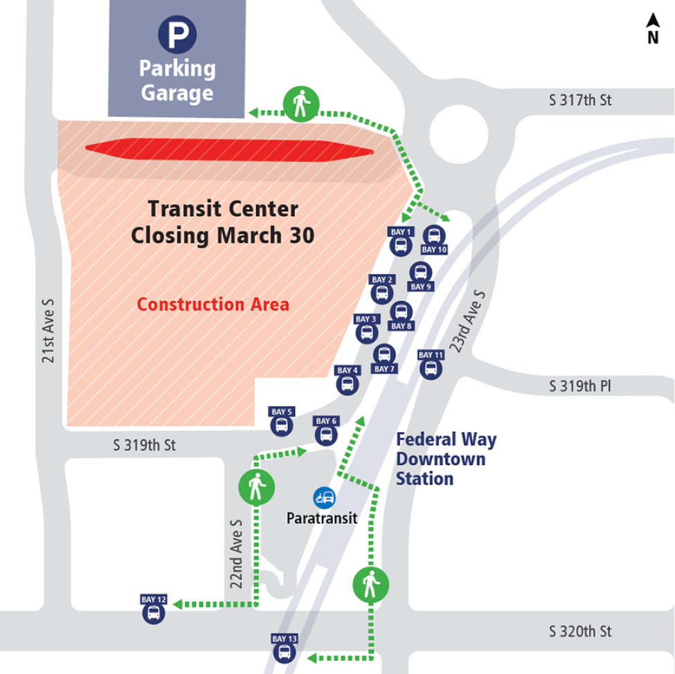 The Federal Way Transit Center closes March 30 and the new Downtown Station Bus Loop will have new bus bay locations.