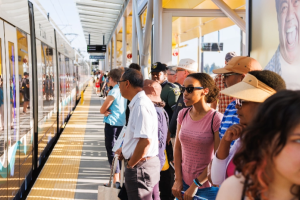 Passengers wait aboard a crowded platform along the Lynnwood Link extension.