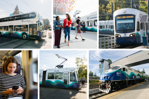 A photo collage featuring different modes of transportation and passengers