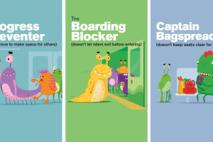 A trio of graphics show monsters named "the progress preventer," "the boarding blocker,"  and "captain bagspreader."